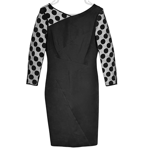Karen Millen Black Sheer Sleeve Asymmetrical Polkadot Sheath Dress Size 8 - Picture 1 of 8